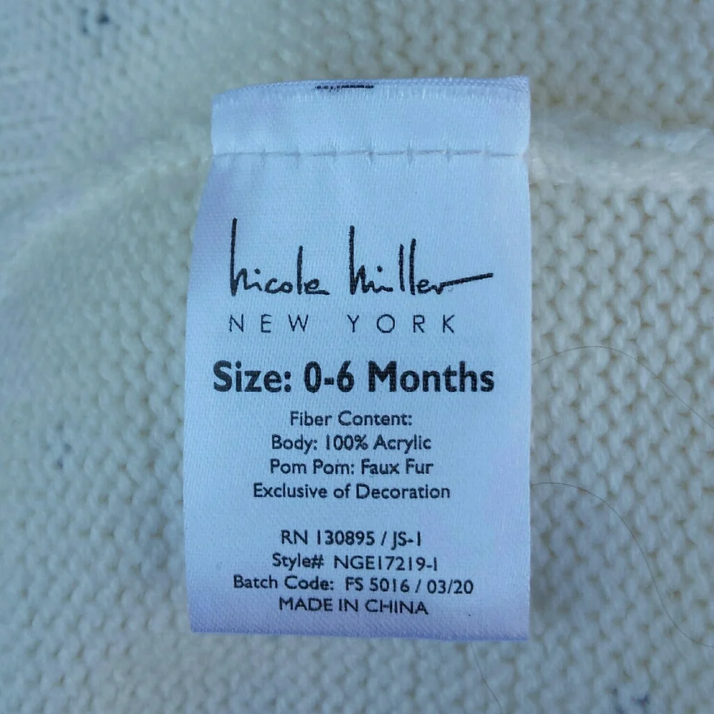 Nicole Miller White Knit Rhinestone & Fur Pompom Winter Baby Beanie Hat